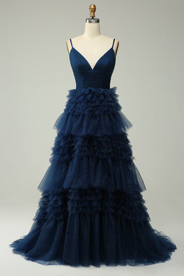 A Line Spaghetti stropper Navy Long Prom kjole med Ruffles